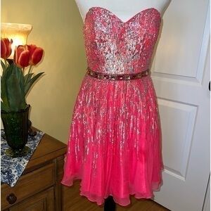 Sherri Hill Hot Pink Sequined Strapless Mini Party Gown with Jeweled Waistline